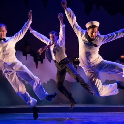 Robert Mintz (Ensemble), Lance E. Hayes (Ensemble), and Rhett Guter (Gabey) in ON THE TOWN at Olney Theatre Center. (Photo: Stan Barouh)