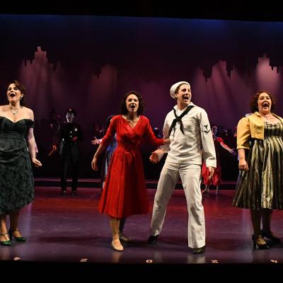 Sam Ludwig (Ozzie), Rachel Zampelli (Claire De Loone), Claire Rathbun (Ivy), Rhett Guter (Gabey), Tracy Lynn Olivera (Hildy Esterhazy), and Evan Casey (Chip) in ON THE TOWN at Olney Theatre Center. (Photo: Stan Barouh)