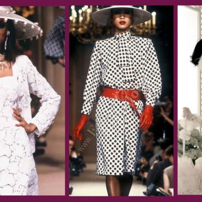 Inspiration slide. 90s runway photos and Audrey Hepburn in "My Fair Lady."