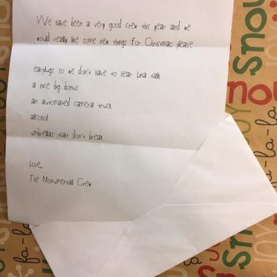 PC: Stephanie Condon - The crew note to Santa