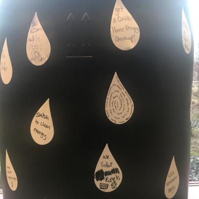 Oil droplets on the oil drum with suggestions written on them
