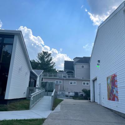 A wide shot of the OTC campus featuring the mural