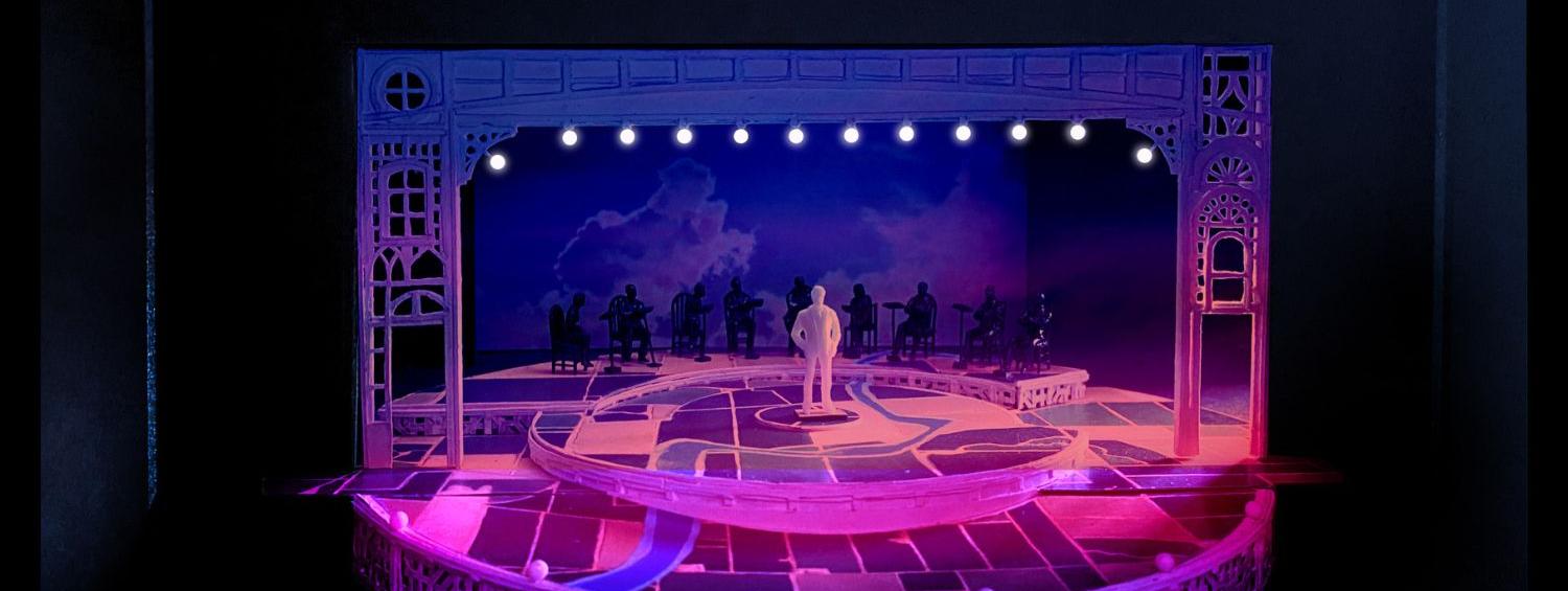 Image of The Music Man set model, lit in pink and blue