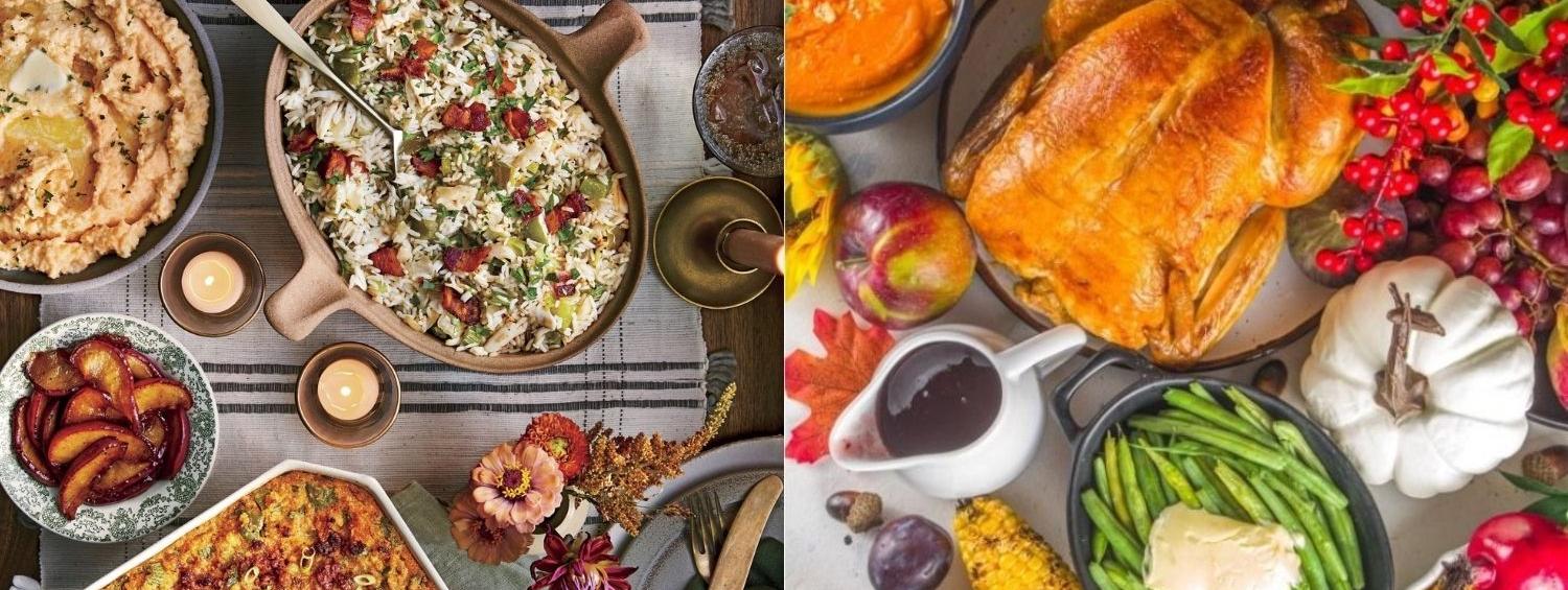 Two thanksgiving tables side by side