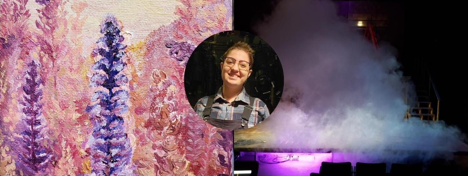 Headshot of Rowan Etheridge in a circle on top of a painting of a tree in pink and purple and a purple colored smoke cloud on stage
