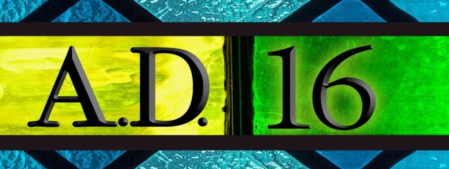 A.D. 16 title over stained glass