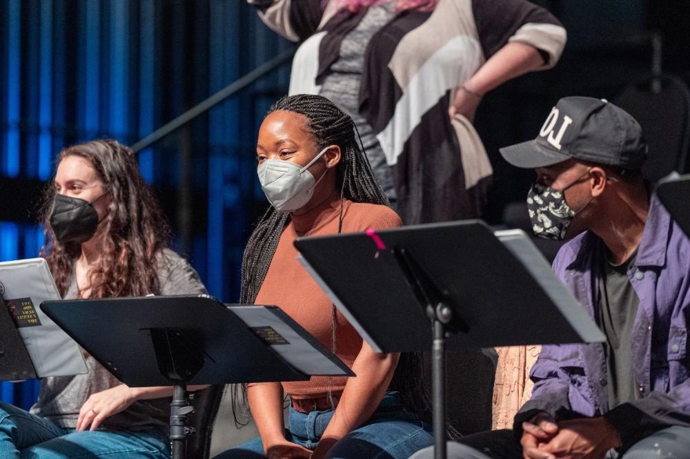 Rehearsal of The Joy that Carries You, pictured left-right Dani Stoller, Billie Krishawn, and Bru Ajueyitsi