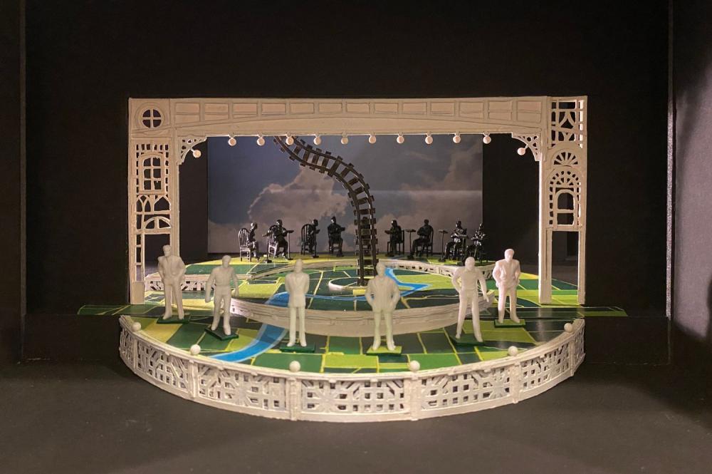 Image of the Music Man set model, large train track running vertically through the air