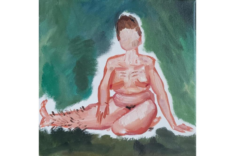 Self portrait of Rowan Ethridge in acryllic paint, naked body drawn in a classical art style