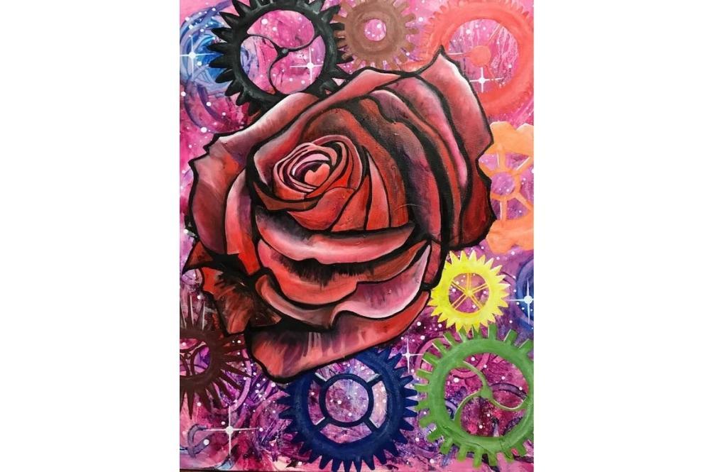Gears of Love, by Laya Monarez, oil painting, red rose surrounded by rainbow gears