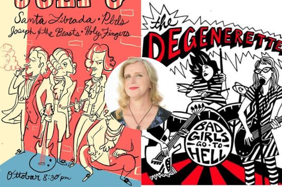 Headshot of Rahne Alexander over two band posters, Santa Librada and The Degenerettes