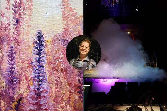 Headshot of Rowan Etheridge in a circle on top of a painting of a tree in pink and purple and a purple colored smoke cloud on stage