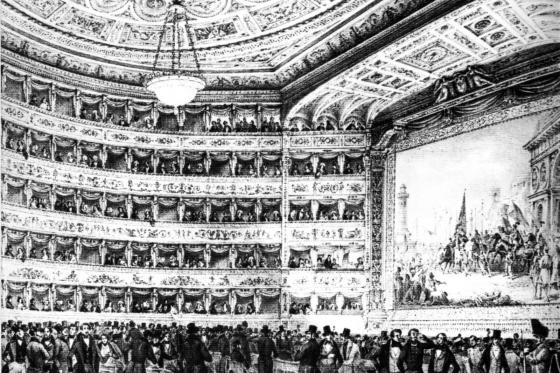A photo of an opera hall in Black and White 