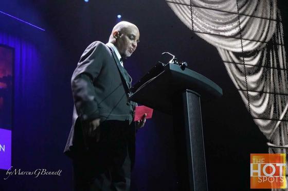 A photo of Weldon Brown presenting at the Helen Hayes Awards